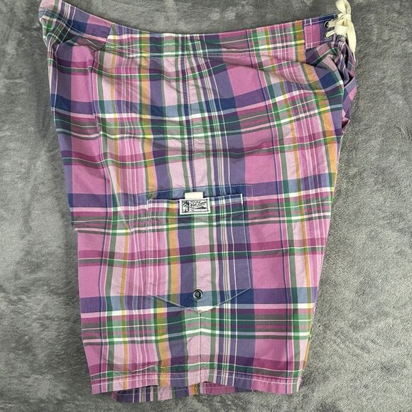 Polo Ralph Lauren Board Shorts‎ Mens 38 Pink Plaid Drawstring Preppy Green Pony - Picture 3 of 16